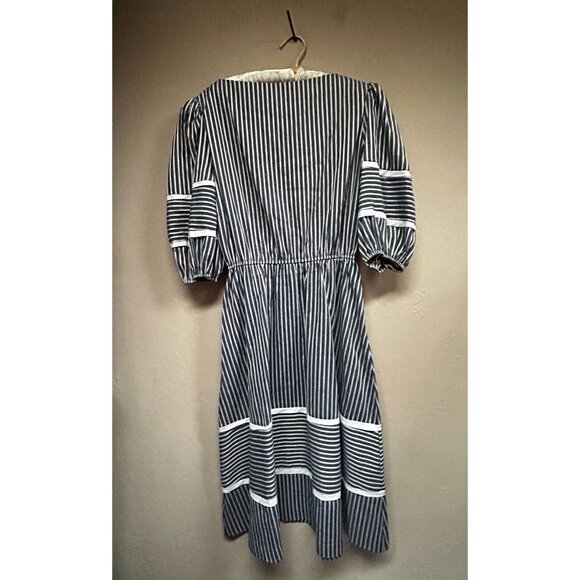 Women's Vintage Midi A-Line Dress Puff Sleeve Elastic Waist Striped Gray Size 12 - Picture 2 of 10